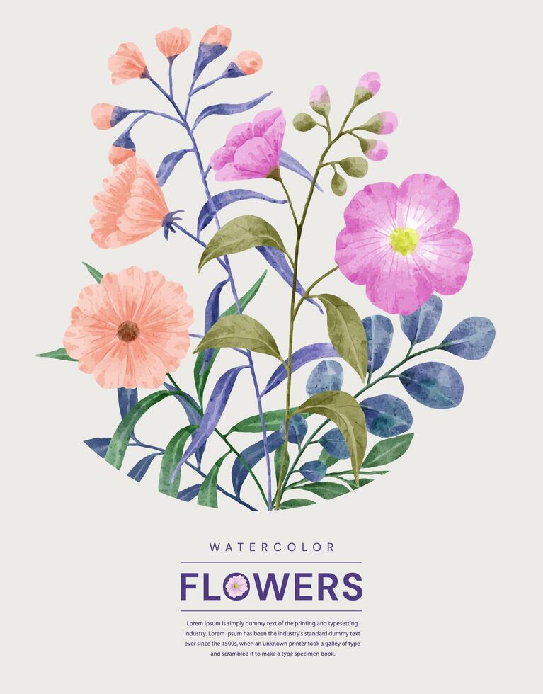 un conjunto de flores pintadas en acuarela para varias tarjetas y tarjetas de felicitación. vector