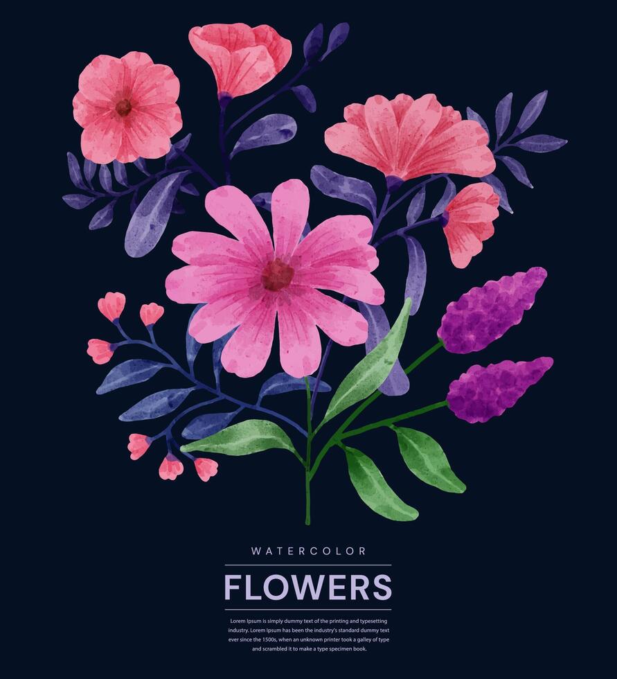 un conjunto de flores pintadas en acuarela para varias tarjetas y tarjetas de felicitación. vector