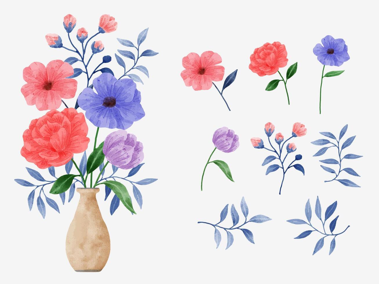 un conjunto de flores pintadas en acuarela para varias tarjetas y tarjetas de felicitación. vector