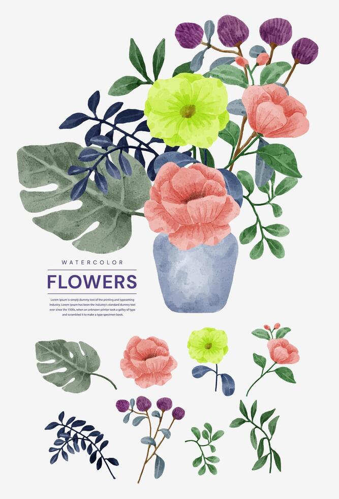 un conjunto de flores pintadas en acuarela para varias tarjetas y tarjetas de felicitación. vector