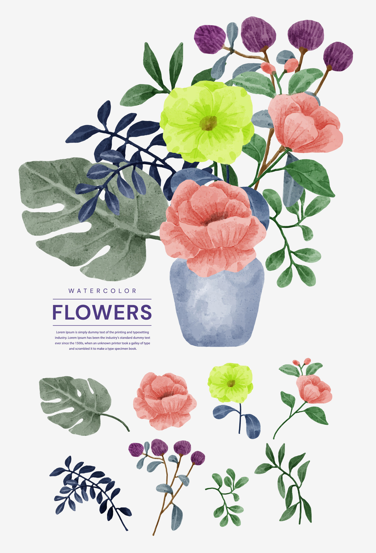 A Set Of Flowers Painted In Watercolor For Various Cards And Greeting Cards 2928768 Vector Art At Vecteezy