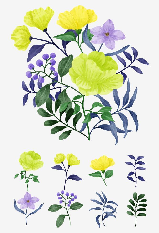 A set of flowers painted in watercolor for various cards and greeting cards. vector