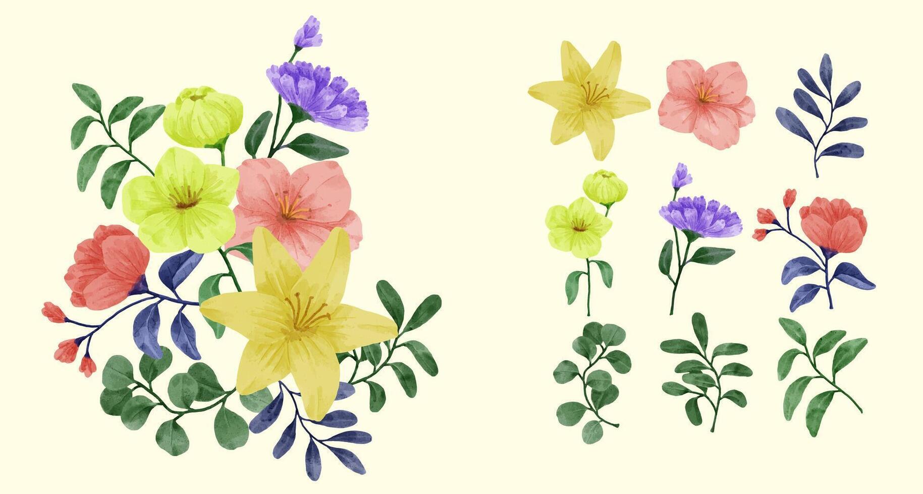 A set of flowers painted in watercolor for various cards and greeting cards. vector