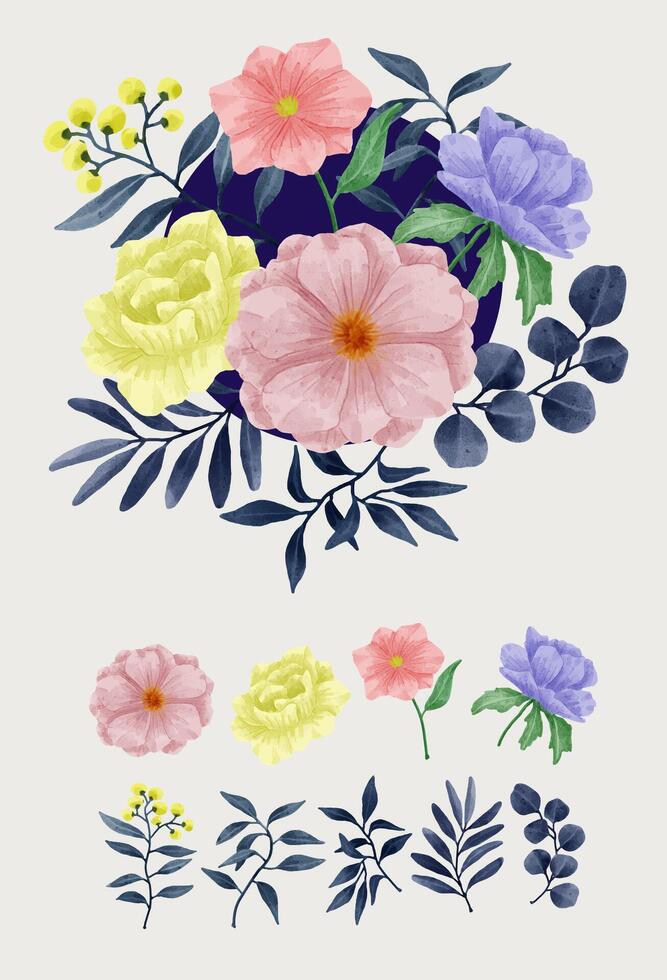 un conjunto de flores pintadas en acuarela para varias tarjetas y tarjetas de felicitación. vector