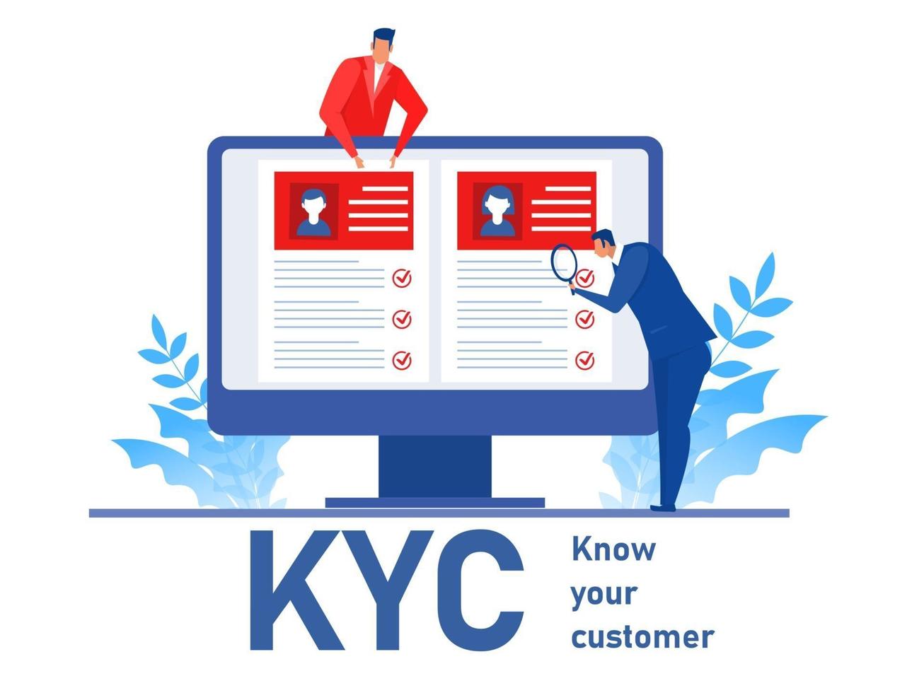 kyc o conozca a su cliente con el negocio verificando la identidad del concepto de sus clientes en los futuros socios a través de un ilustrador de vectores de lupa