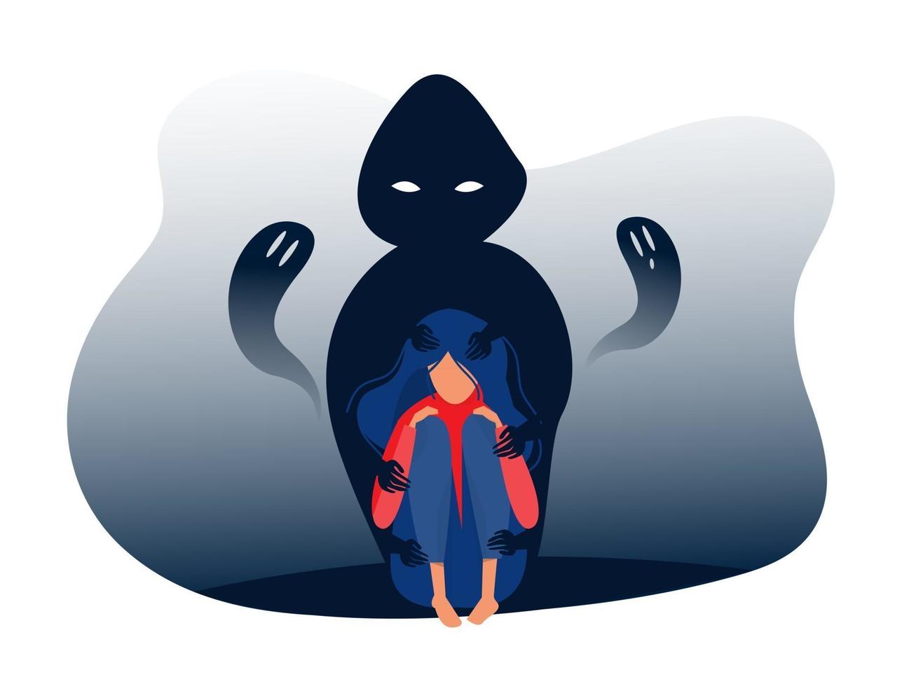Depressed girl with anxiety and scary fantasies feeling sorrow,fears, sadness vector illustration