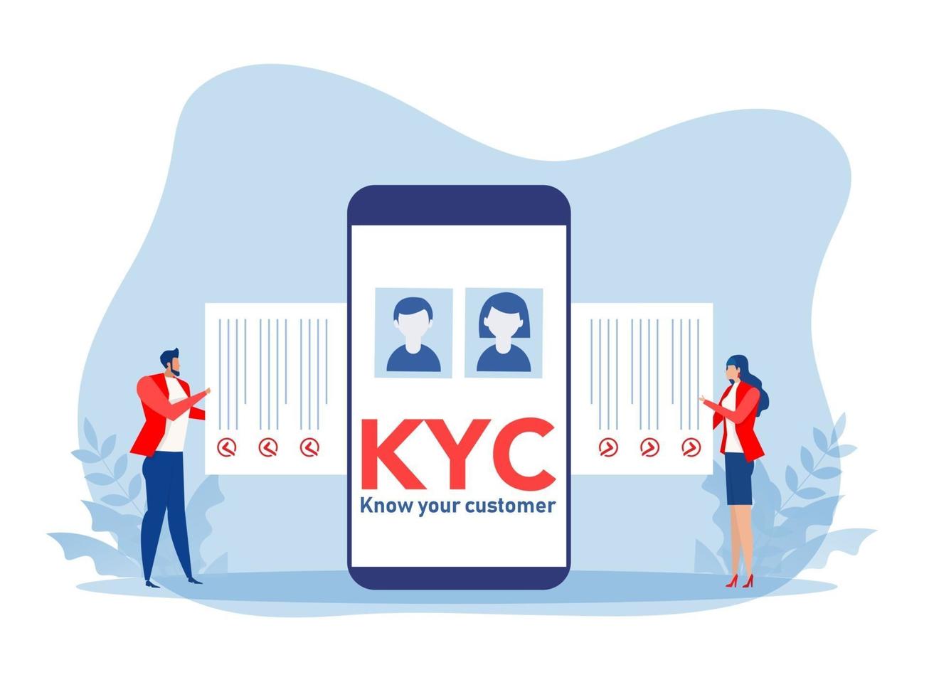 kyc o conozca a su cliente con el negocio verificando la identidad del concepto de sus clientes en los futuros socios a través de un ilustrador de vectores de lupa