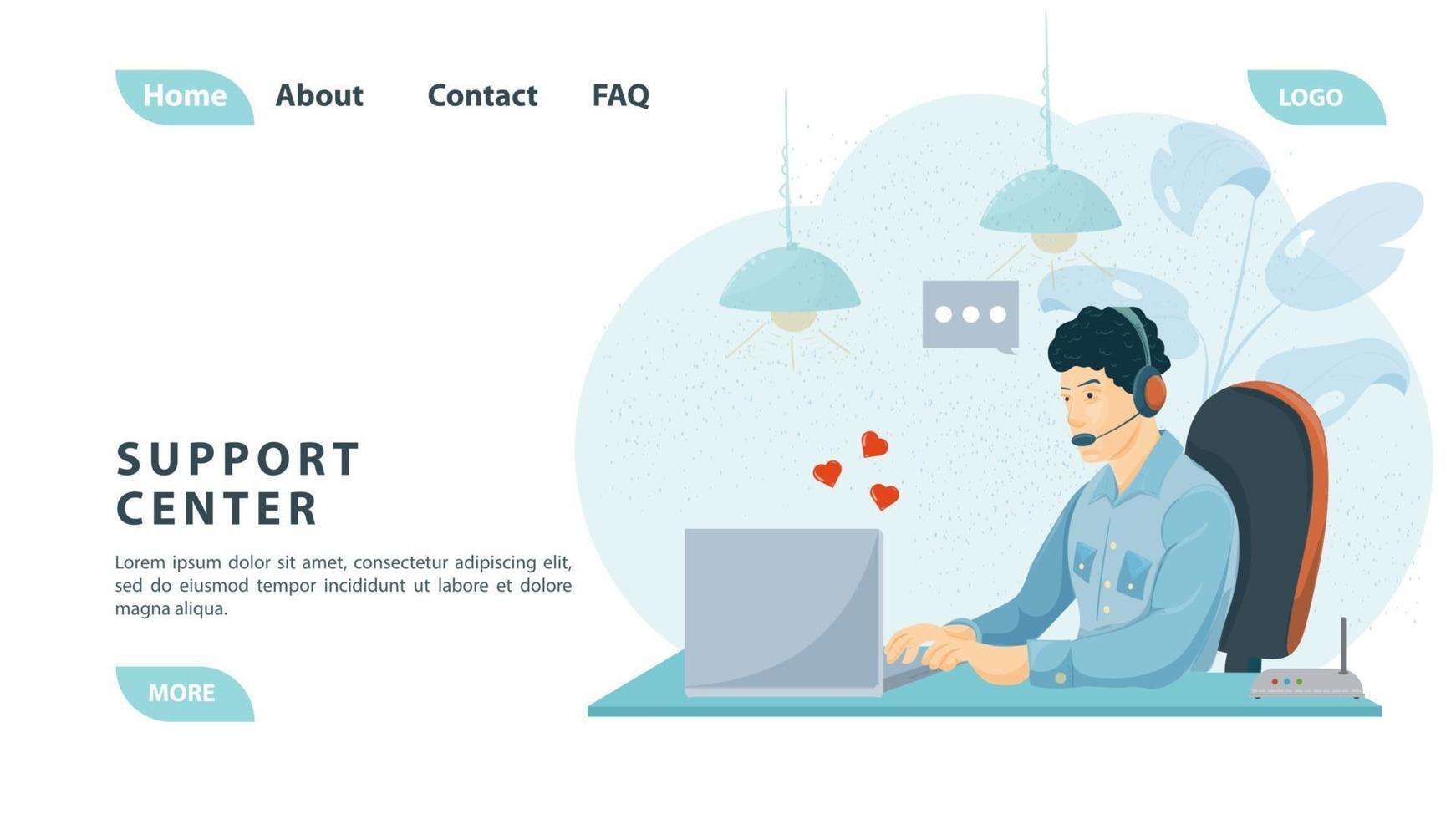 Customer service call center with people a man uses headphones and a laptop for support for the design of web pages and mobile applications flat design vector