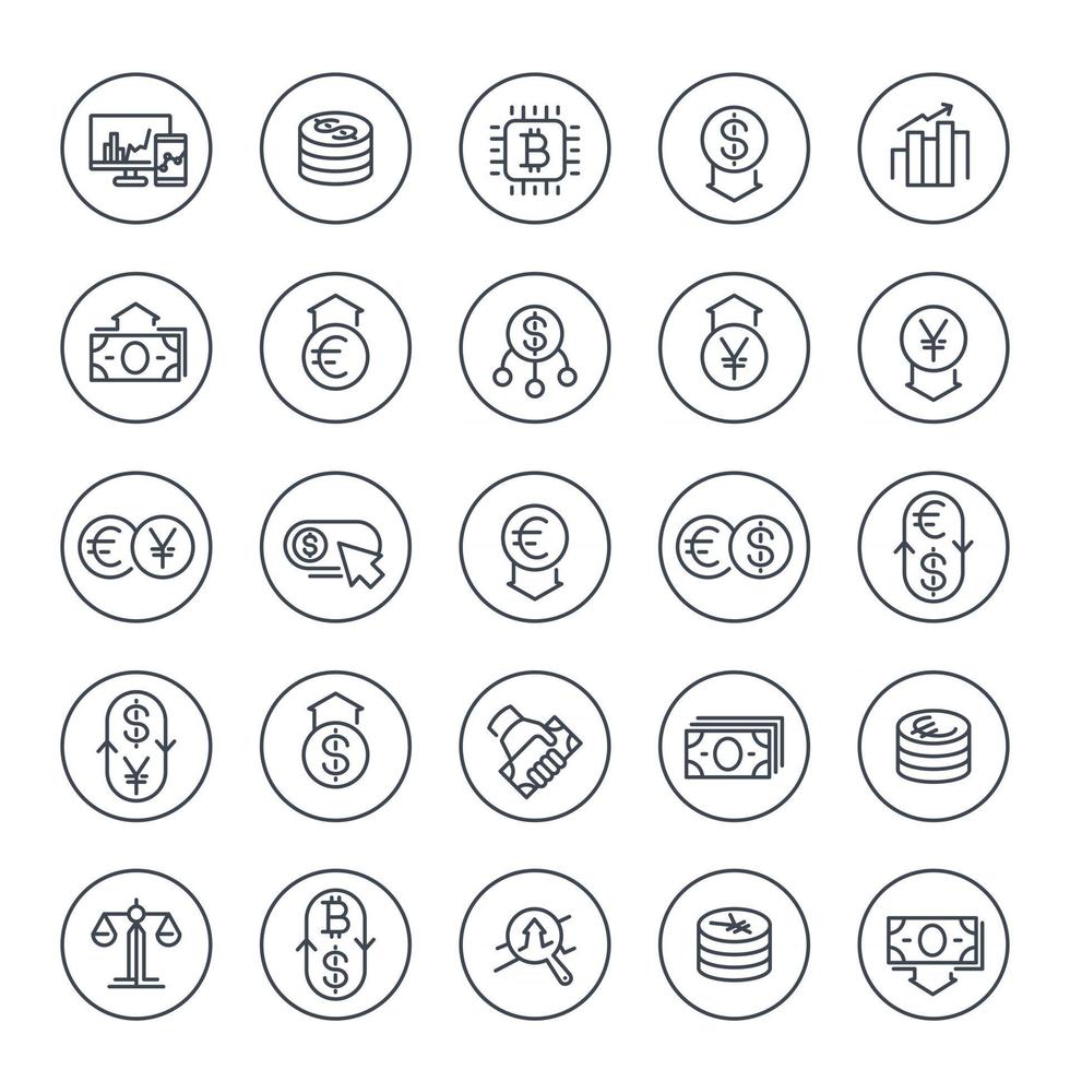 Currency, financial operations, forex trading line icons set on white vector