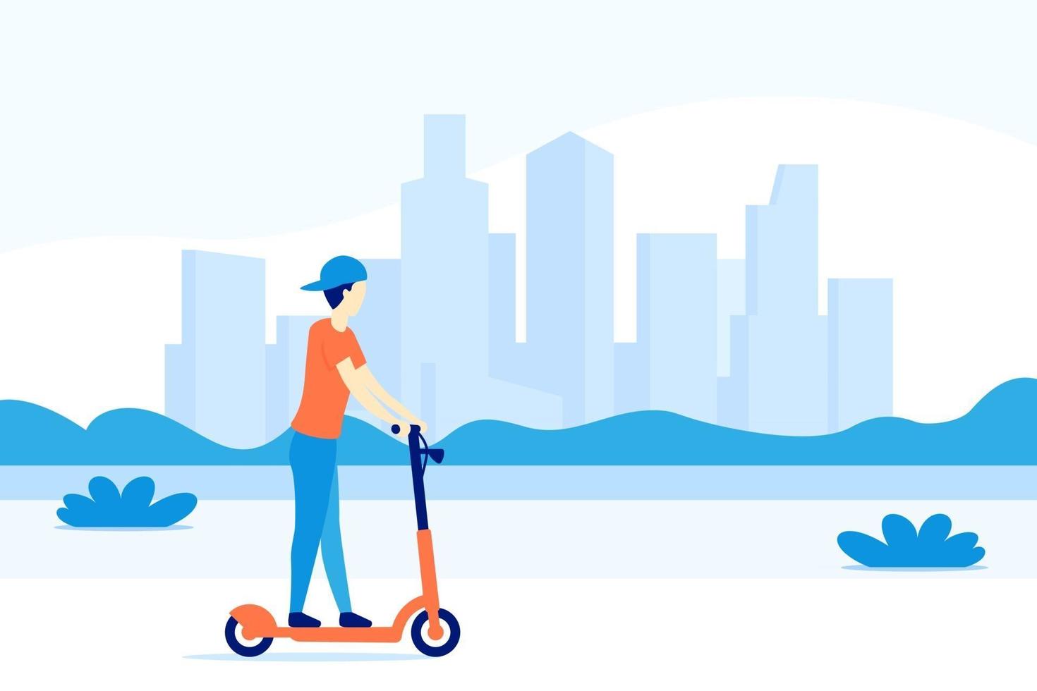 boy riding electric kick scooter in the city, vector