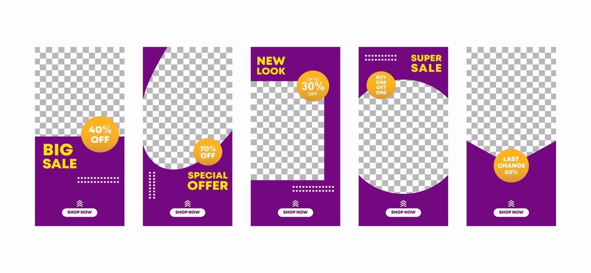 Set of social media templates design backgrounds for ig stories fashion sale promotion. Modern minimalistic style for social networks story in purple and yellow colors. Vector illustration