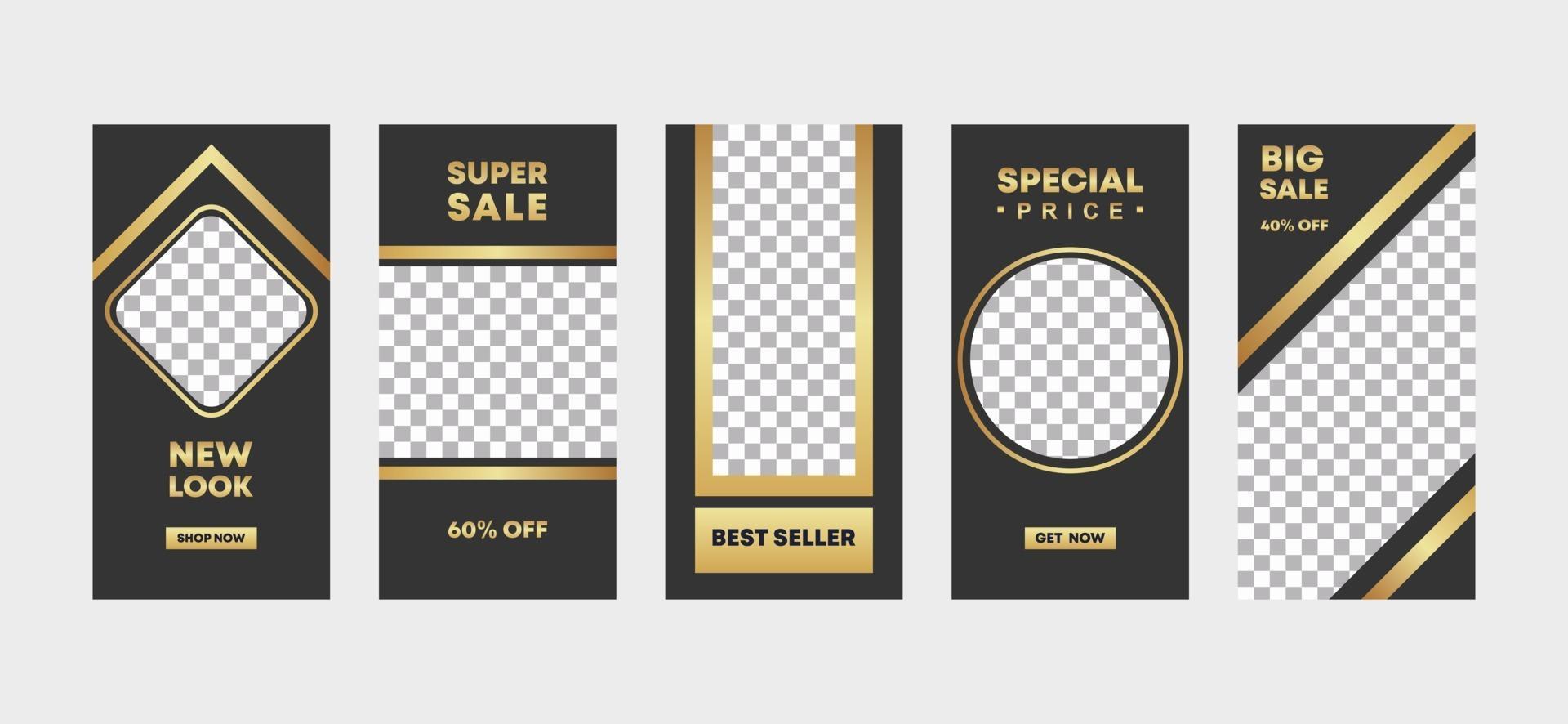 5 a bundle of social media ig stories template design with frame in black and gold classic elegant style for fashion, promotion, or flyer ads banner. Special offer price. Vector illustration