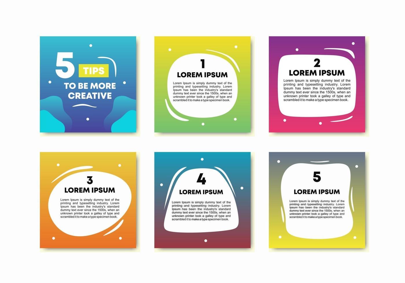 Set of 6 colorful template banners with sample text. Square and rectangle templates with copy space for social media post, business presentation, graphic and web design. Vector illustration