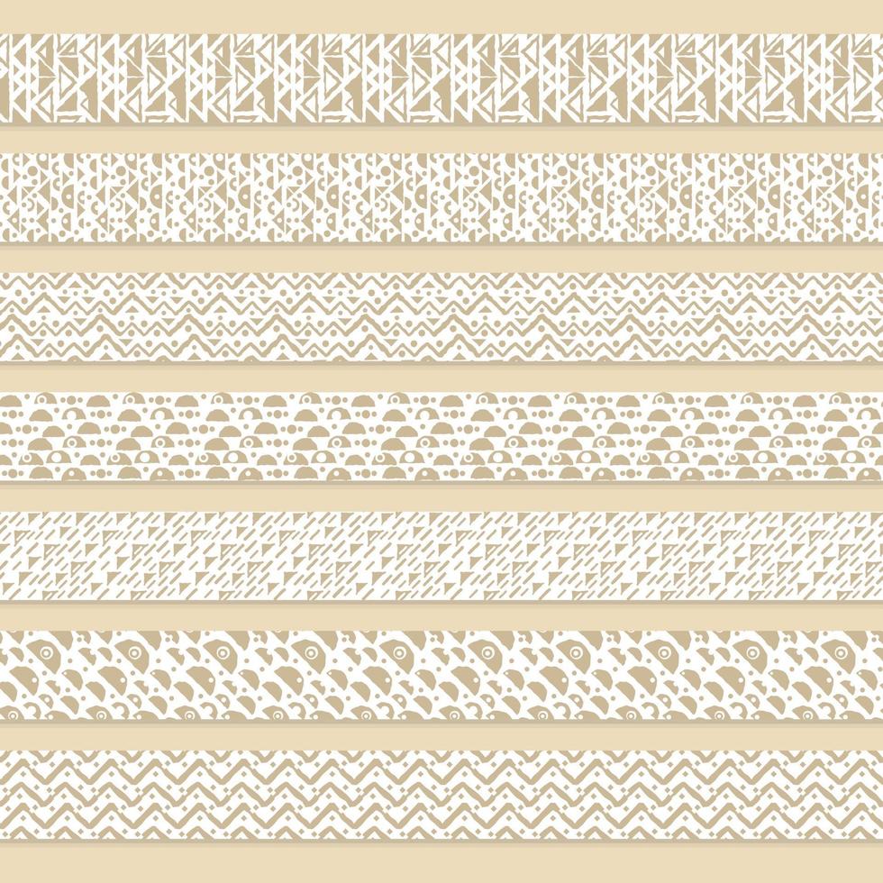 Set of patterned brown or beige and white washi seamless border tapes for scrapbooking. Drawings are composed of triangles, circles and lines vector