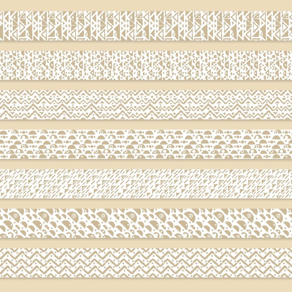 Set of patterned brown or beige and white washi seamless border tapes for scrapbooking. Drawings are composed of triangles, circles and lines vector