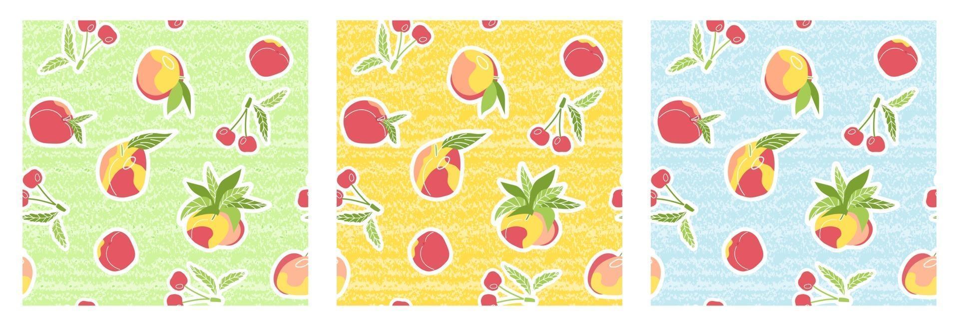 Set of summer fruits, berries seamless patterns. Vector illustrations of isolated cherries, peaches, plums, nectarines, leaves on blue yellow and green textured background in flat style