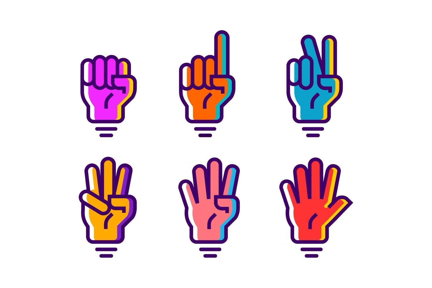 colorful hand gesture count 1 2 3 4 and 5 vector icon illustration in trendy cartoon filled line style set Illustration, counting hand vector design in modern neon color