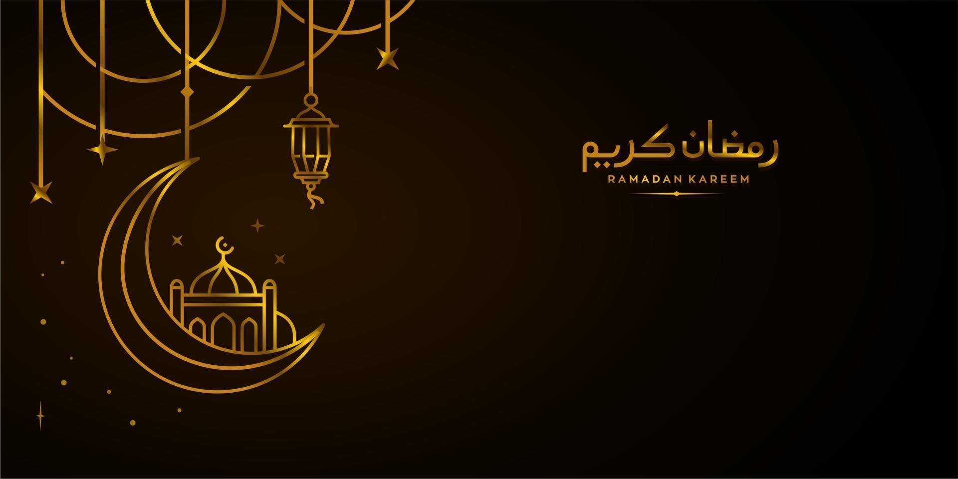 Ramadán kareem dorado, icono de línea de saludo de eid mubarak diseño vectorial mínimo y simple con una hermosa linterna brillante y una elegante estrella de luna creciente sobre fondo oscuro o banner vector