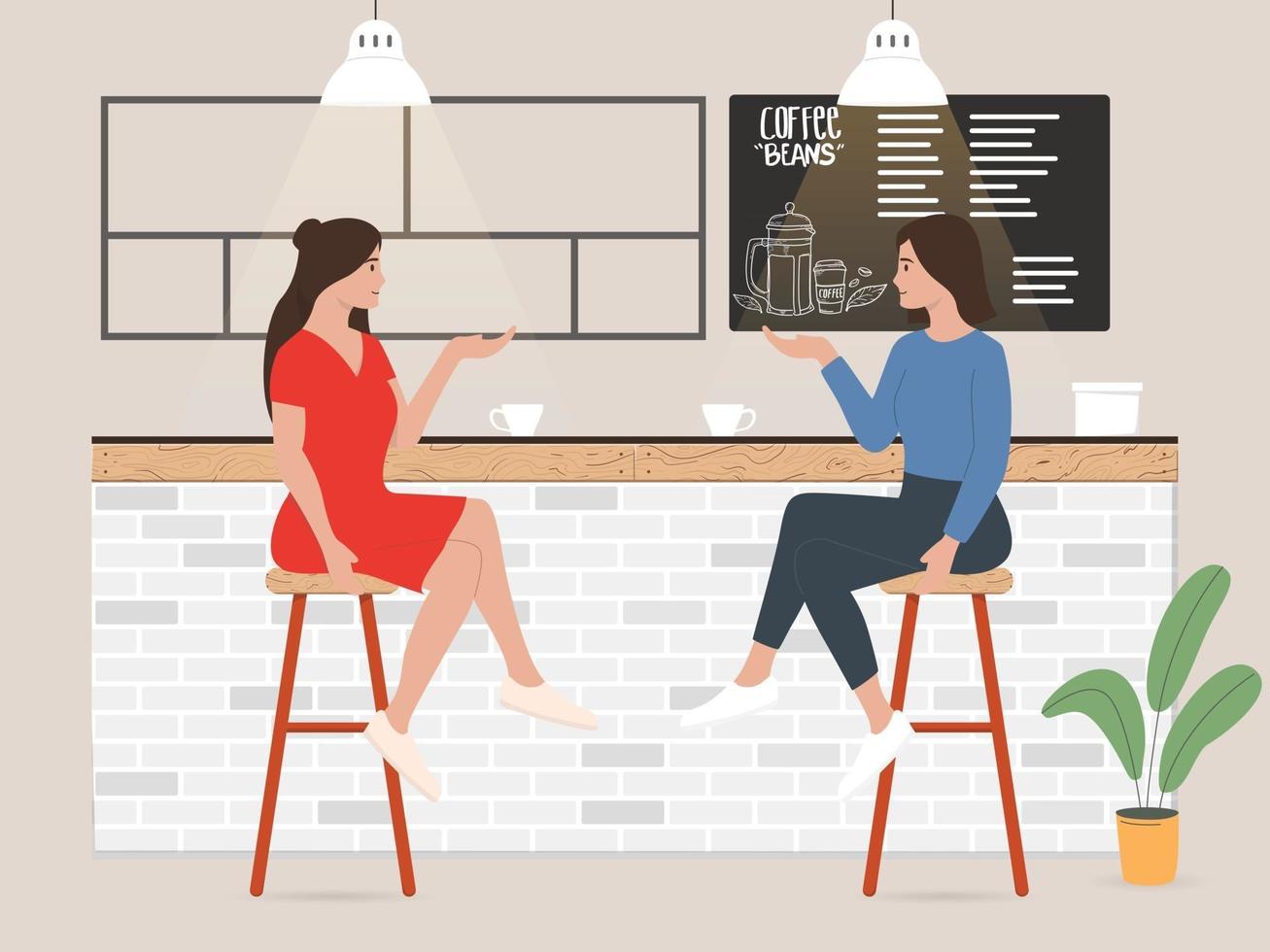 Ilustration of two women sitting and talking in bar or cafe vector