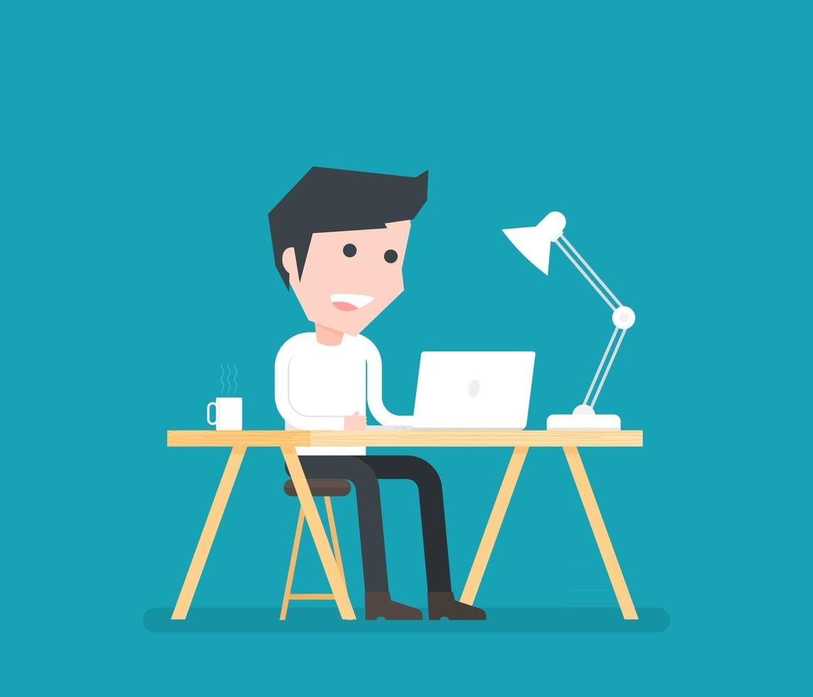 Man working on desk with laptop coffee and lamp. Vector illustration