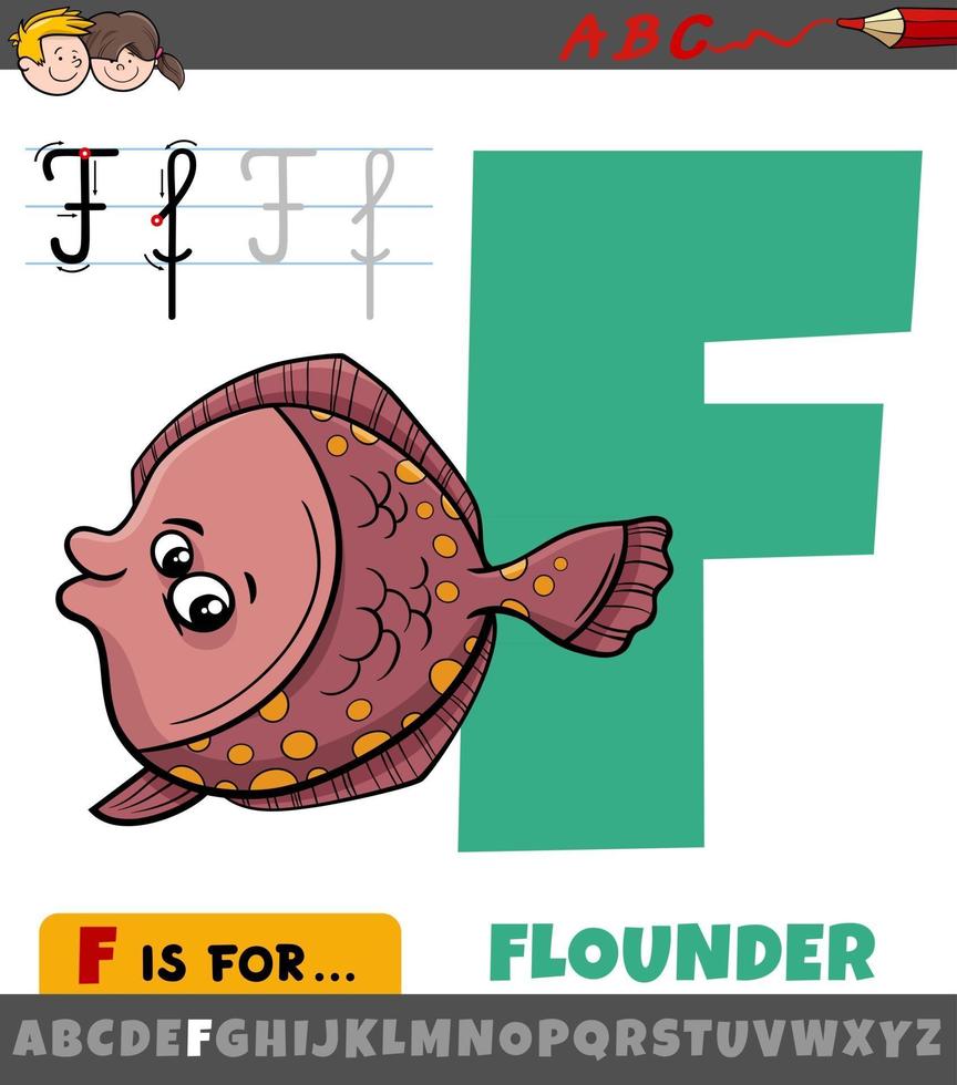 letter F from alphabet with cartoon flounder animal vector