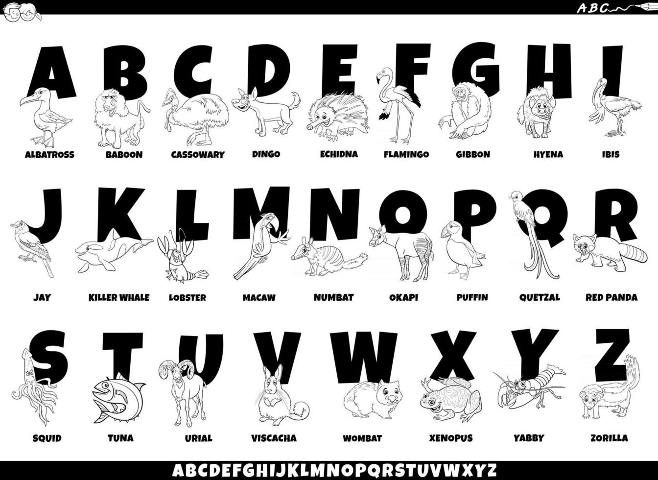 cartoon alphabet set with animal characters coloring page vector