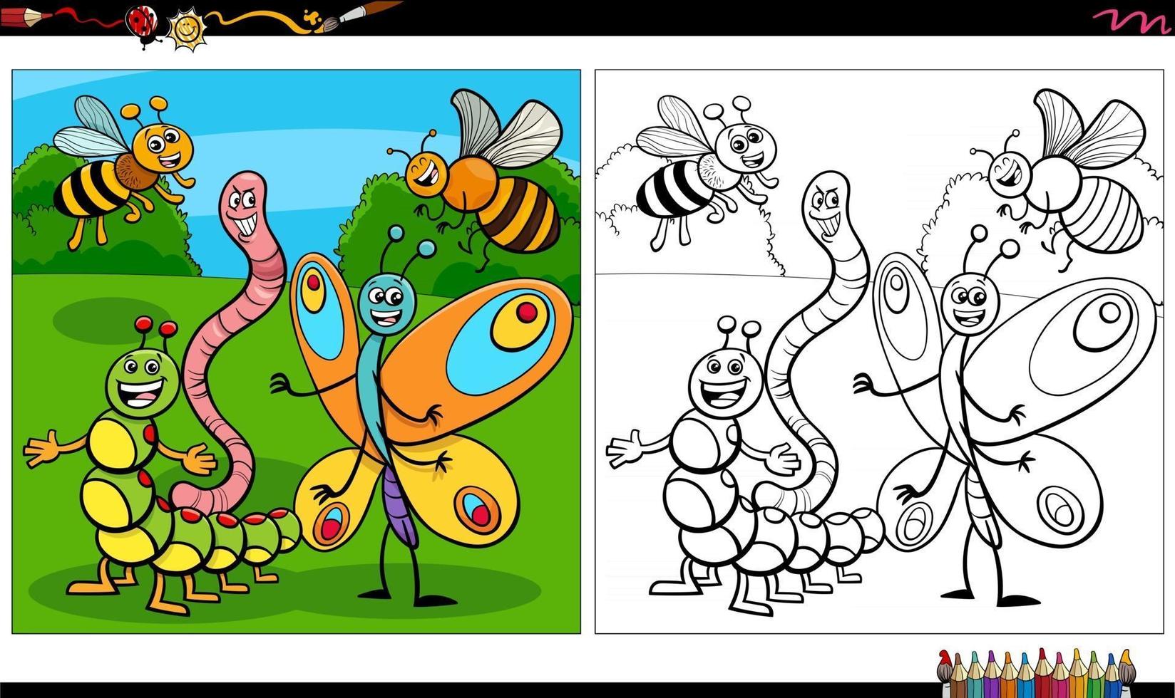 Grupo de personajes de insectos de dibujos animados página de libro para colorear vector