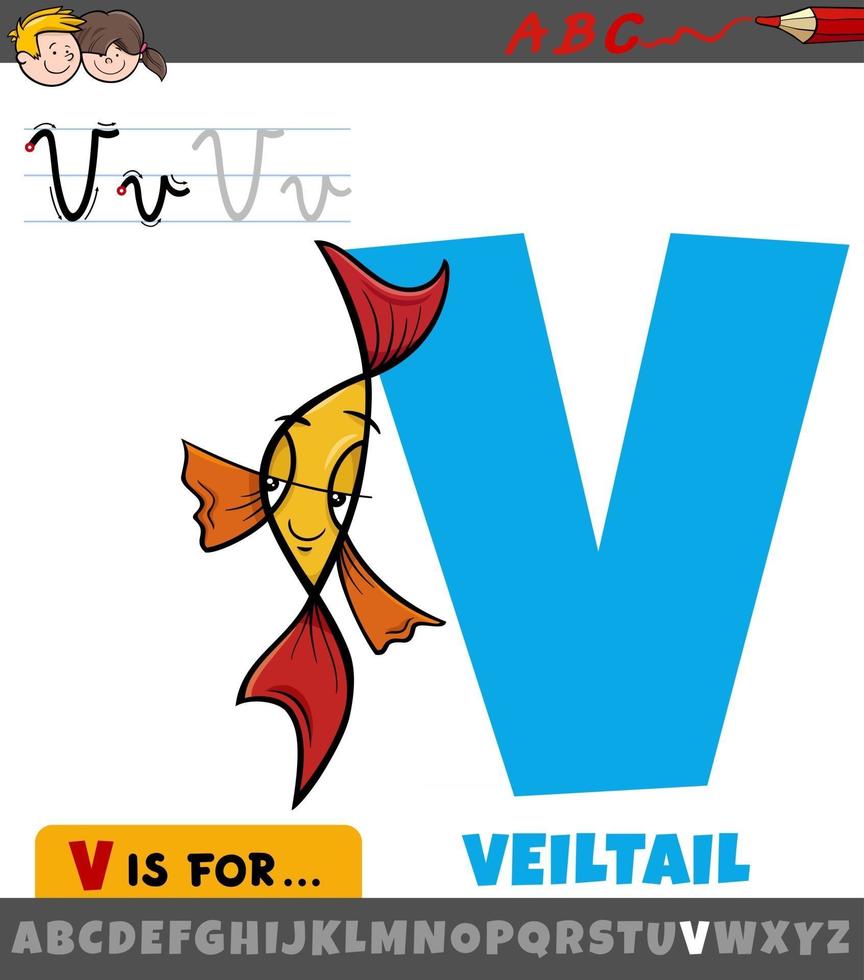 letter V from alphabet with cartoon veiltail fish character 2929901