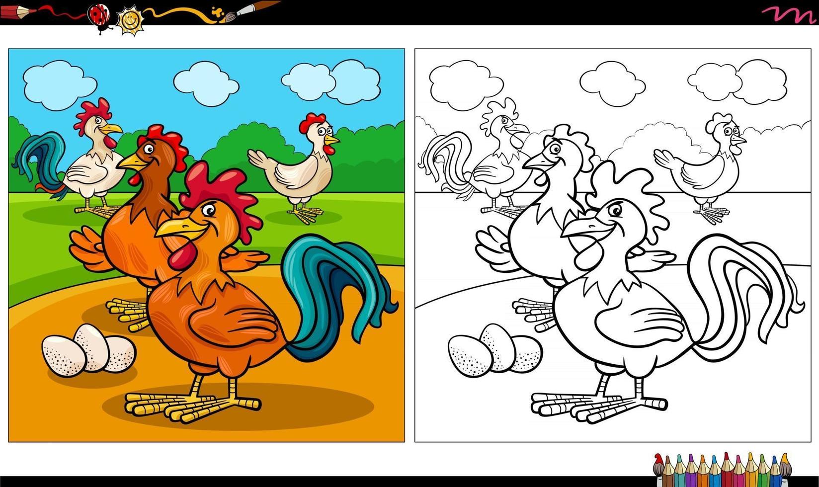 cartoon chickens animal characters group coloring book page vector