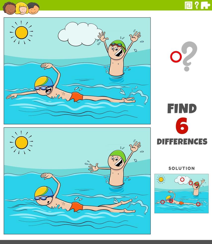 differences educational game with cartoon swimming boys vector