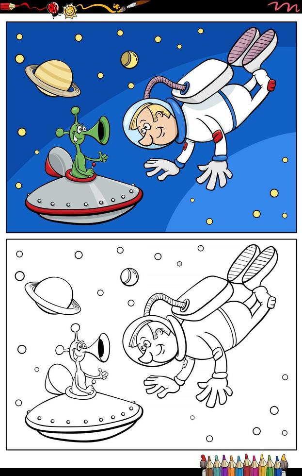 Astronauta de dibujos animados y personajes extraterrestres página de libro para colorear vector