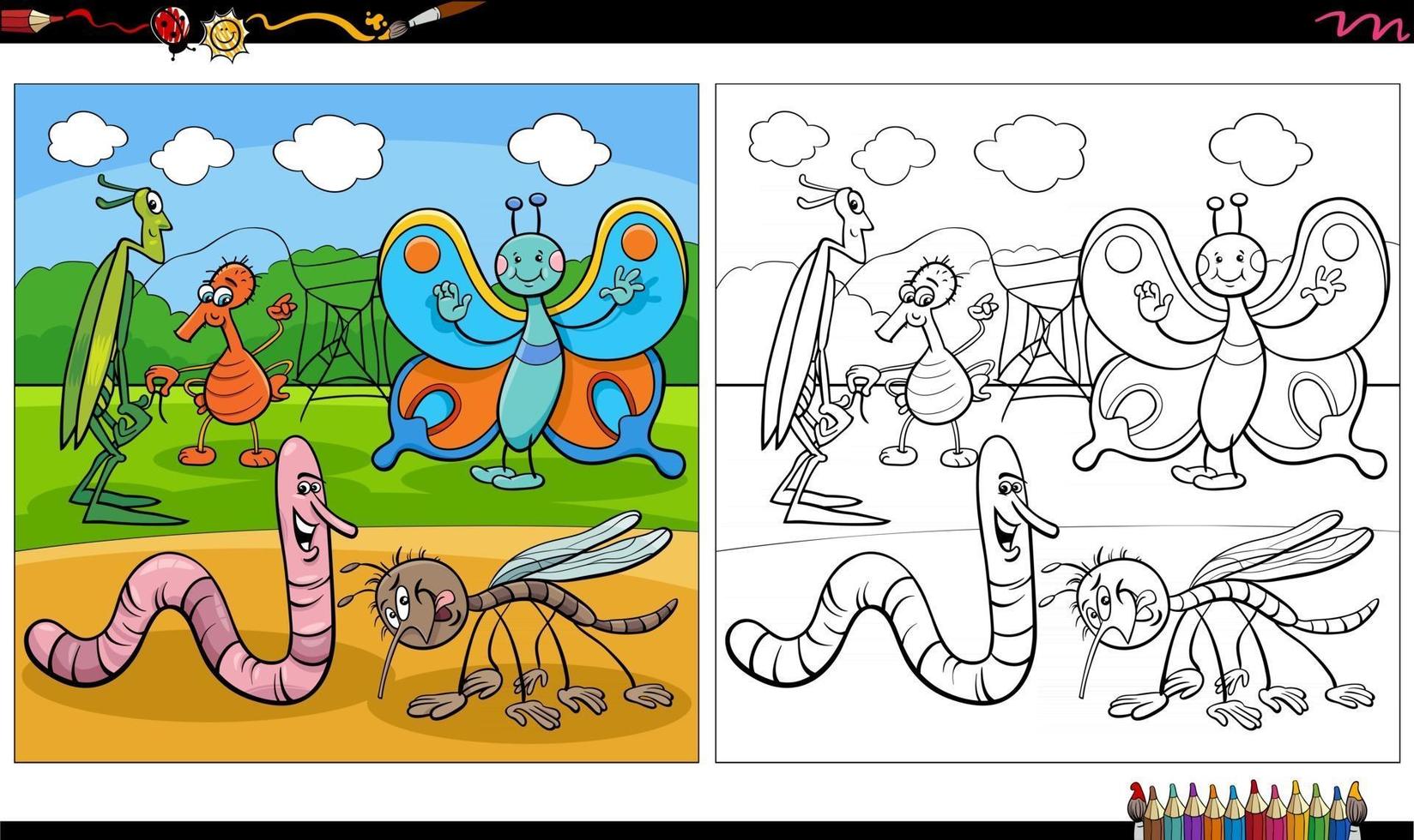 cartoon insects characters group coloring book page vector