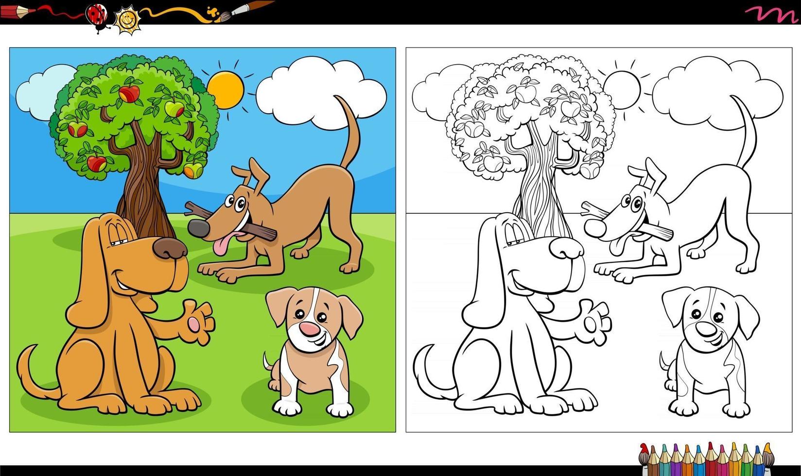 cartoon dogs and puppies group coloring book page vector