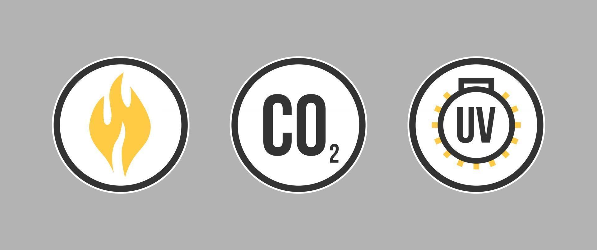 Señal de advertencia de radiación ultravioleta, dióxido de carbono tóxico, gas biopeligroso. advertencia de radiación radiactiva. etiqueta de laboratorio biológico vector