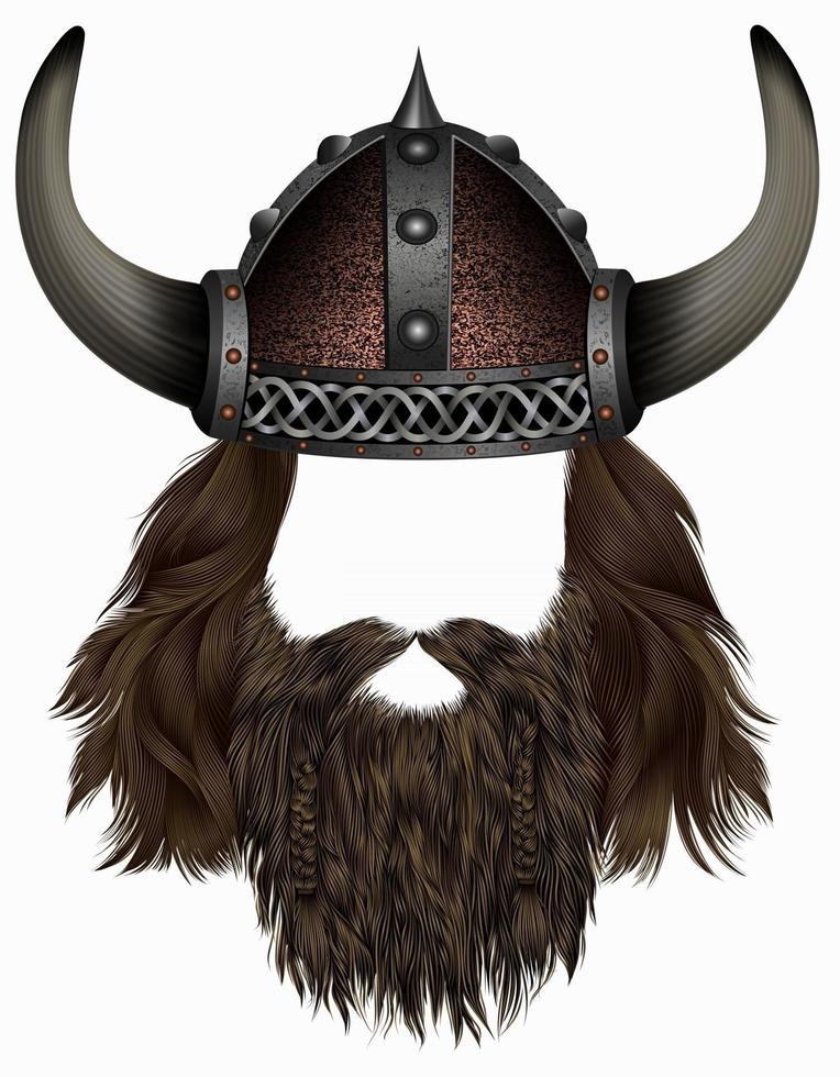 viking in  horned helmet . mask wig. man   hair with beard . vector