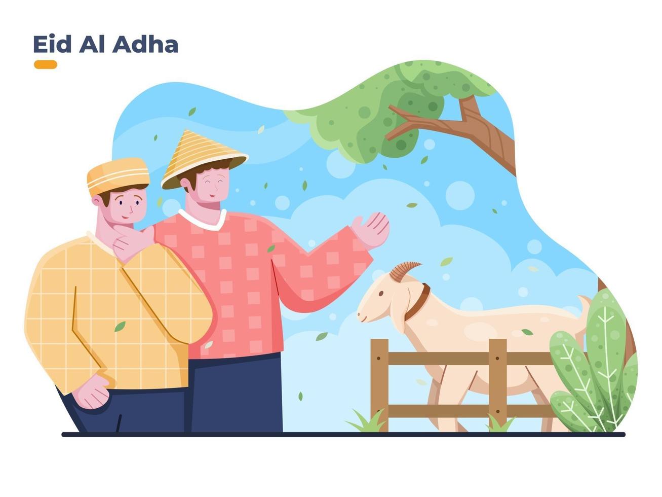 Ilustración vectorial de musulmanes comprando animales de sacrificio a los agricultores para celebrar el eid al adha. adecuado para pancarta, póster, tarjeta de felicitación, sitio web, folleto, libro vector