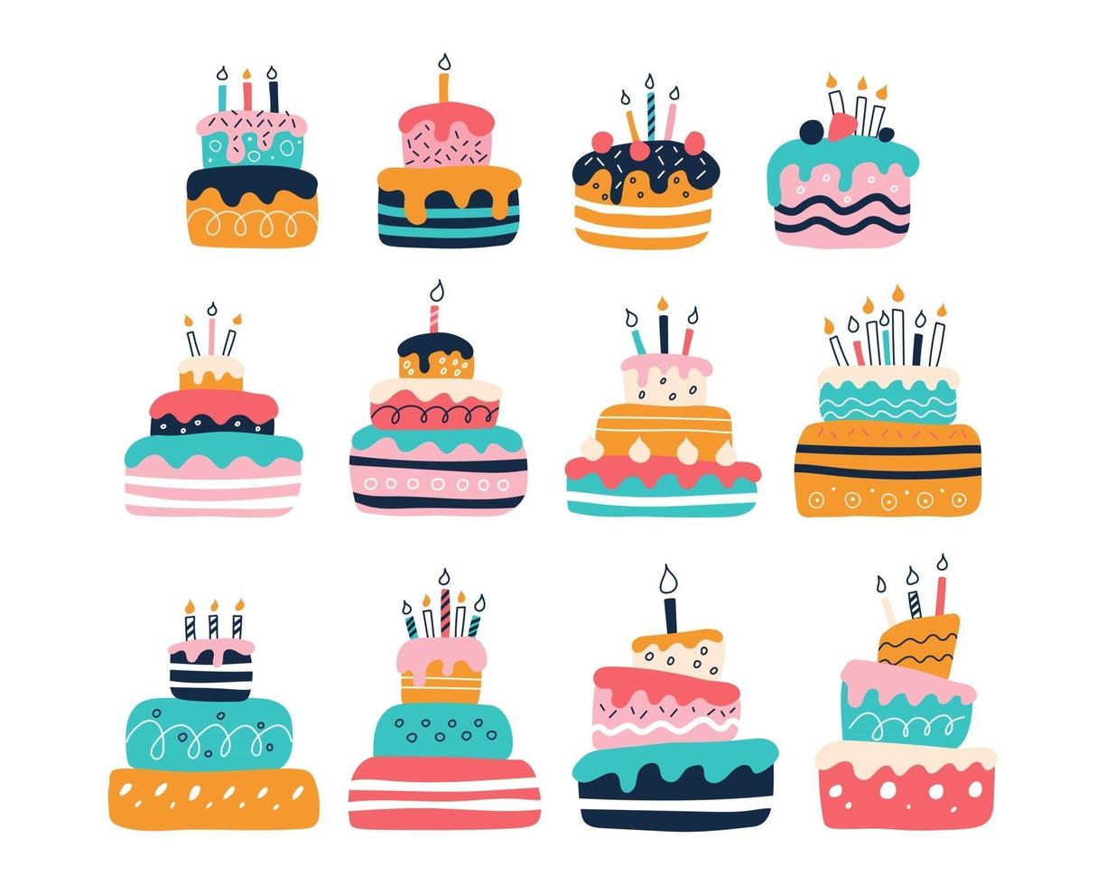 A large set of bright colorful cakes on a white background in the style of flat doodles. Vector illustration. Children's room decor, posters, postcards, clothing and interior items