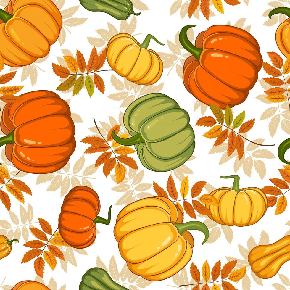 Seamless autumn pattern with bright pumpkins and leaves. Hand drawn pattern in flat style. Wallpaper, textiles, wrapping paper, page filling, cover, web, packaging. vector