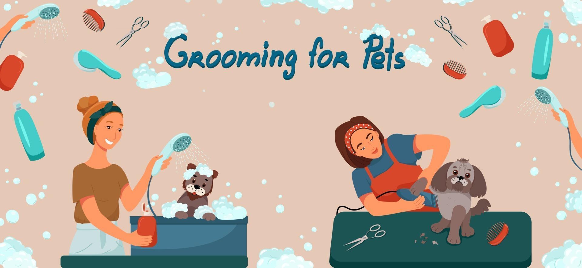 Grooming for pets banner. Salon for dogs. Template for web page design. Vector illustration in flat style