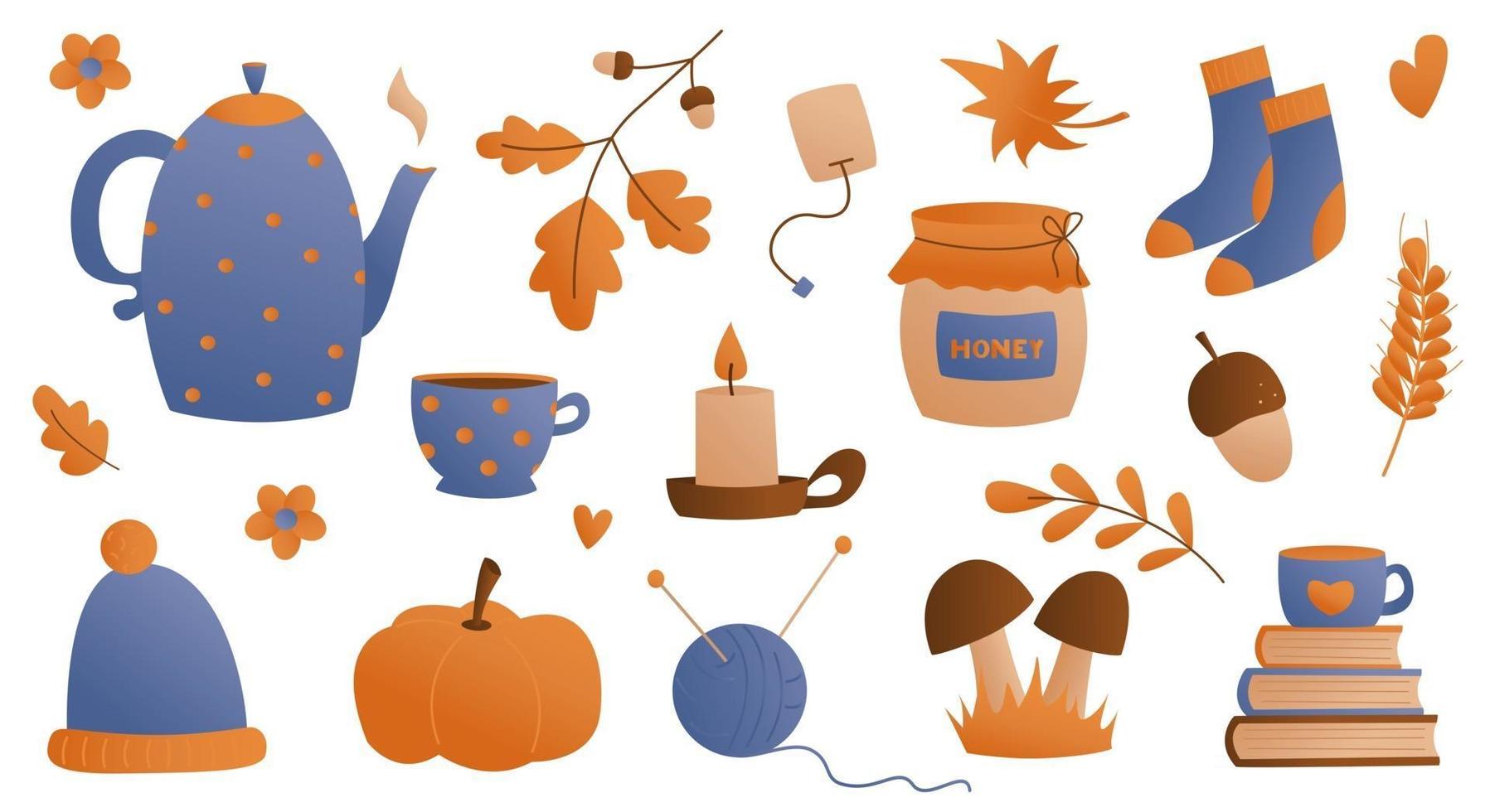 Flat style collection of cozy home items for autumn season. Leaves, pumpkin, hat, burning candles, books, kettle and hot drinks in a mug and cups for a warm atmosphere. Vector illustration.