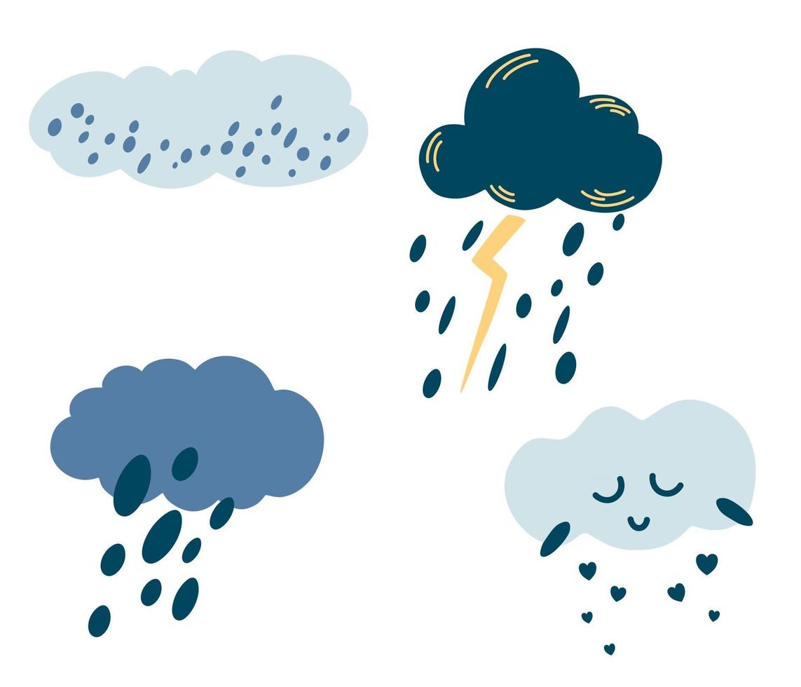 Set of cartoon clouds. Cute weather icons. Clouds with rain, hail, snow, lightning and cute face. Perfect for Printing Fabric Logo Sign Card Banners Kids Wall Design. Vector collection