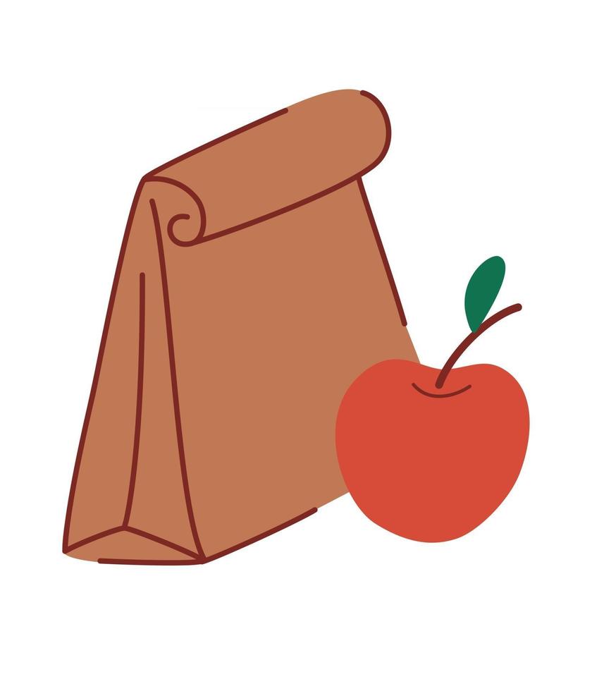 Lunch for school. Paper bag with food and an apple. Lunch box for children. Take it with you. Recycle brown paper bag. Flat vector illustration isolated on white background.