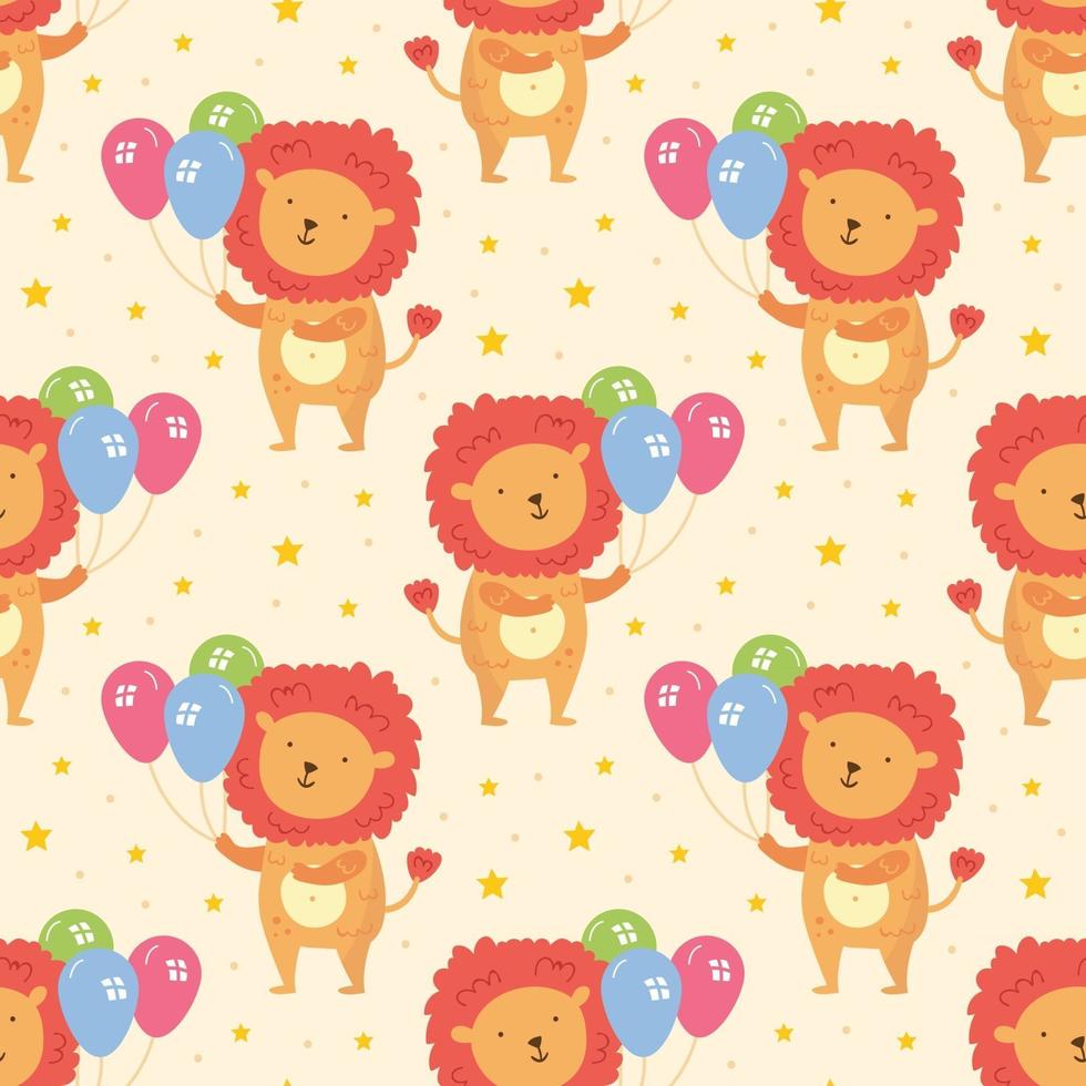 Happy birthday seamless pattern Cute animal lion with balloons Holiday decoration celebration Vector illustration for children Isolated on background