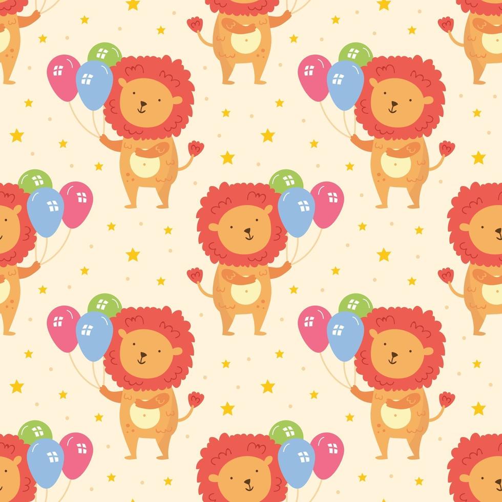 Happy birthday seamless pattern Cute animal lion with balloons Holiday decoration celebration Vector illustration for children Isolated on background