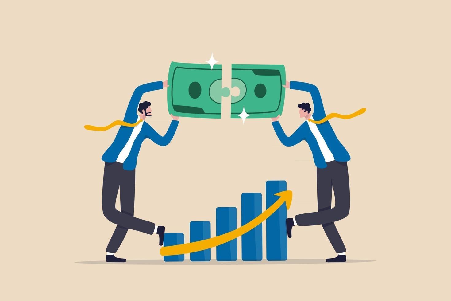 Wealth management, financial professional consultant solve money problem, planning and strategy for success investment, businessman wealth expert team solving money jigsaw with profit growth graph. vector