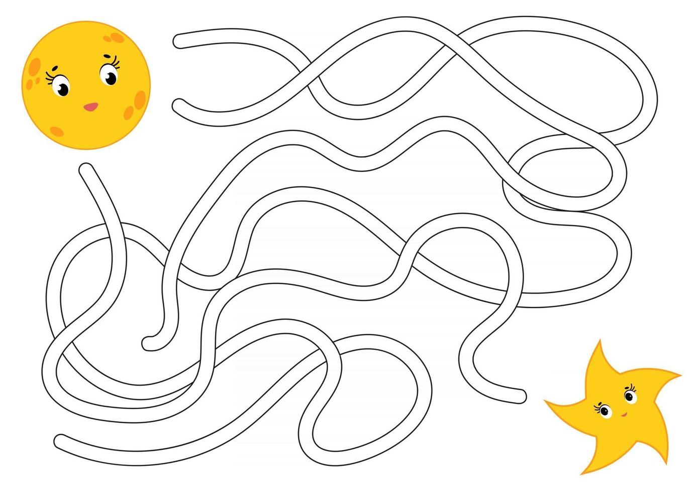 Color abstract maze. Help the moon to reach the star. Kids worksheets. Activity page. Game puzzle for children. Cartoon style. Labyrinth conundrum. Vector illustration.