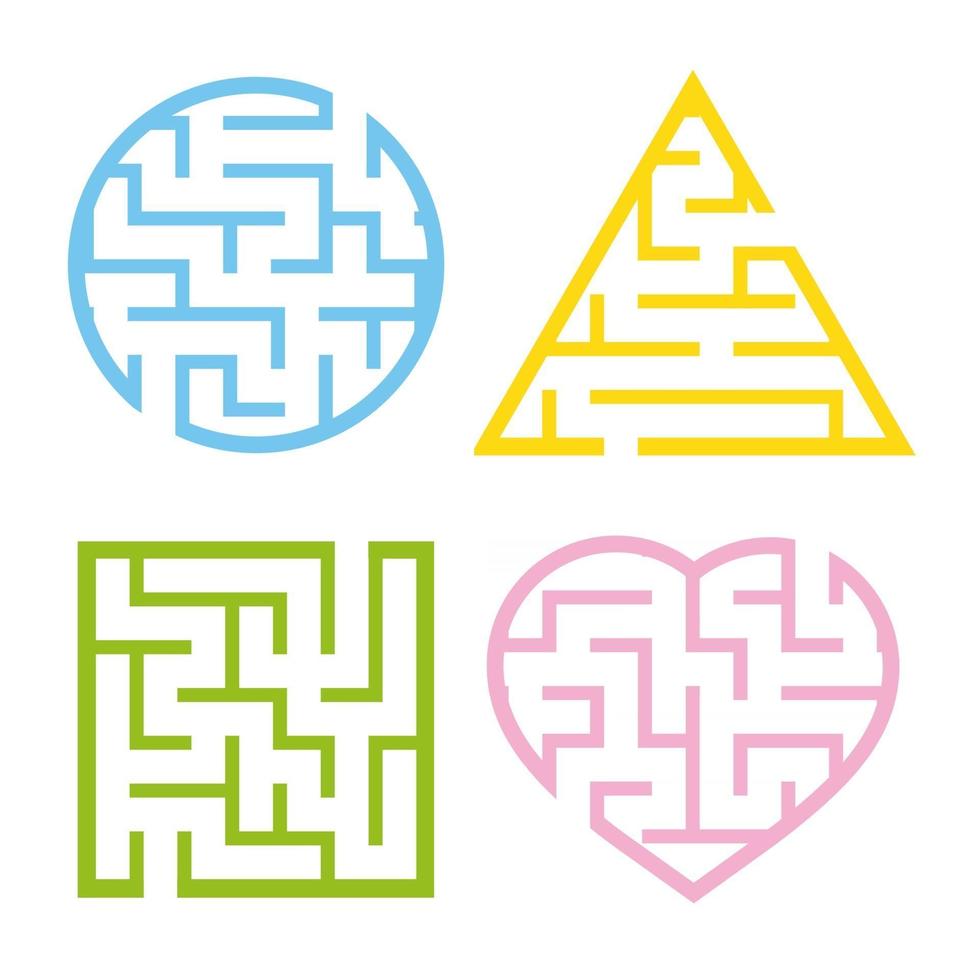 A set of colored light mazes. Circle, square, triangle, heart. Game for kids. Puzzle for children. One entrances, one exit. Labyrinth conundrum. Flat vector illustration isolated on white background.