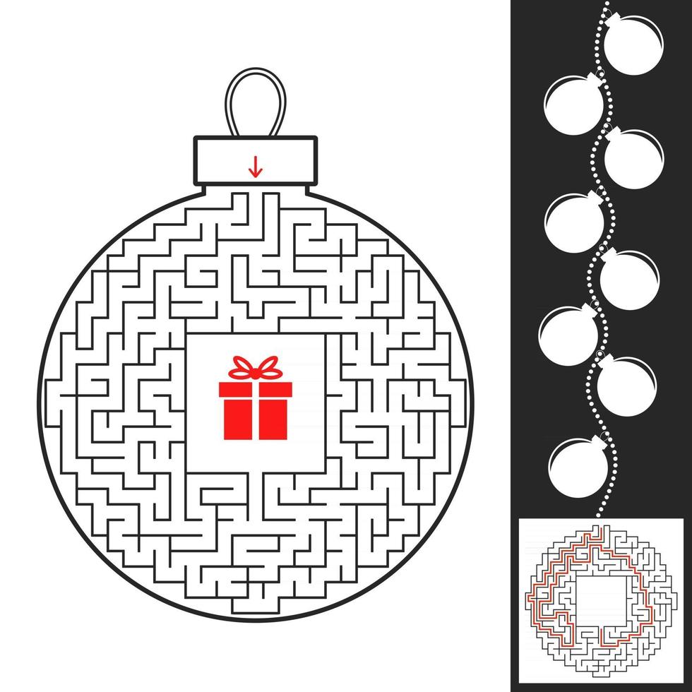 Maze Christmas toy. Game for kids. Puzzle for children. Find the path to the gift. Labyrinth conundrum. Flat vector illustration isolated on white background. With the answer.