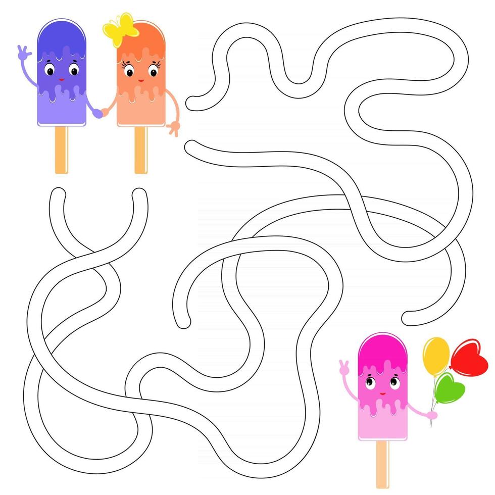 laberinto abstracto de color. ayuda al lindo helado a llegar al helado con globos. hojas de trabajo para niños. página de actividad. juego de rompecabezas para niños. estilo de dibujos animados. enigma del laberinto. ilustración vectorial. vector