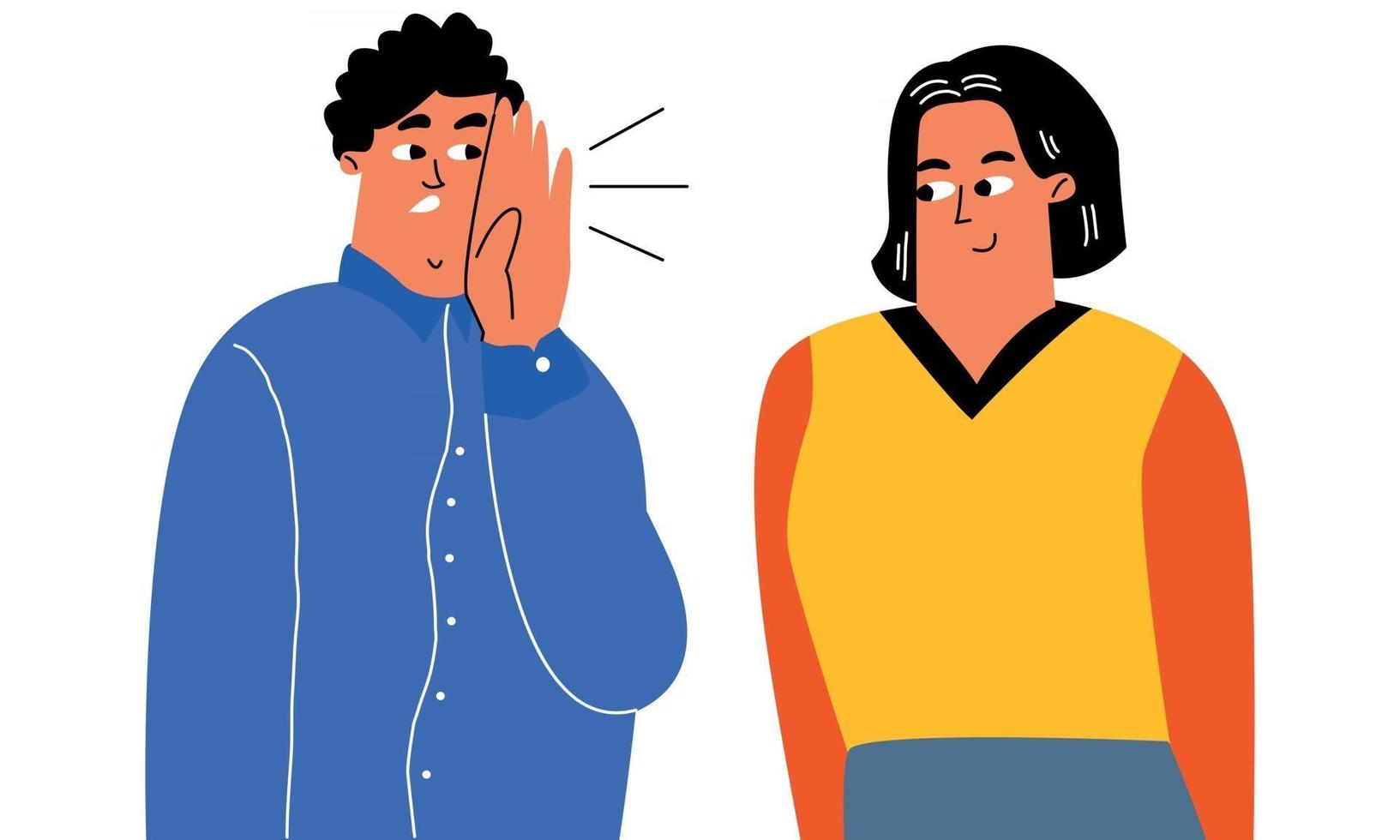 a man in the ear tells a friend a story, gossip, a whisper conversation, a secret. Stylized vector characters